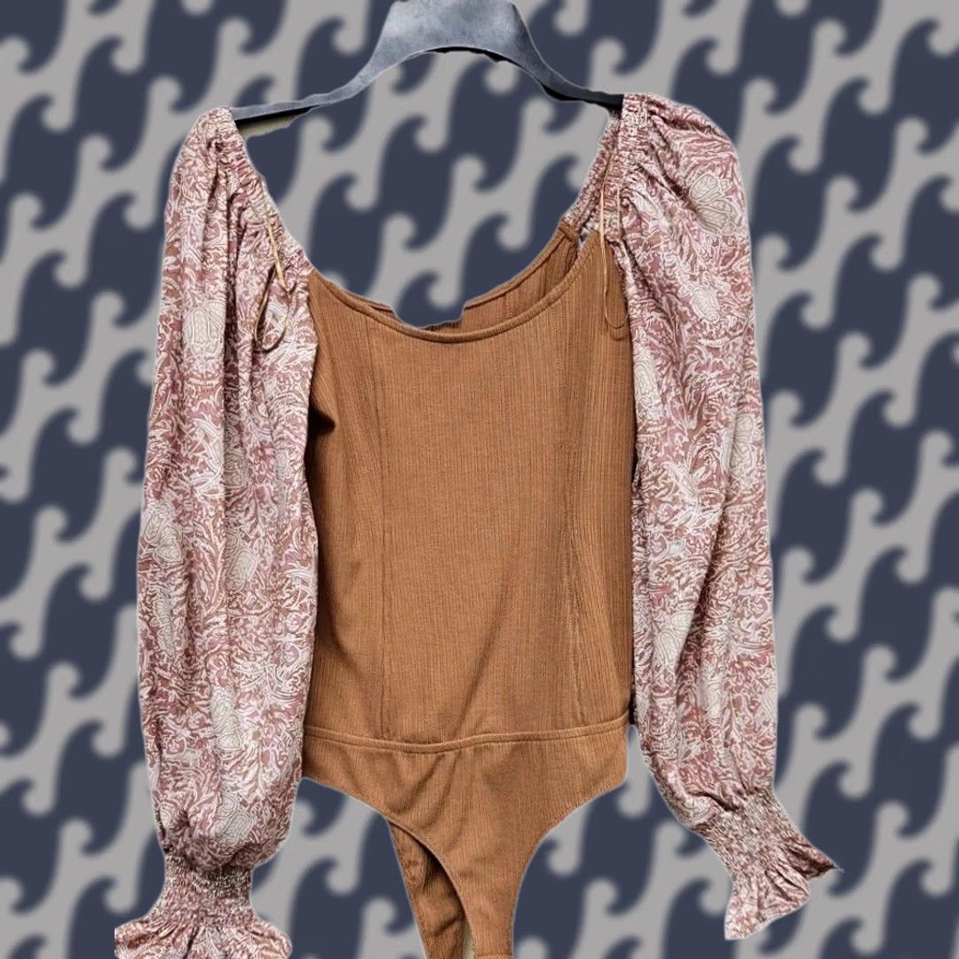 Vintage Promesa Boho Peasant Bodysuit Blouse Womens Size Medium Long Sleeve Floral Brown Balloon Sleeve Size M / US 6-8 / IT 42-44 - 1 Thumbnail