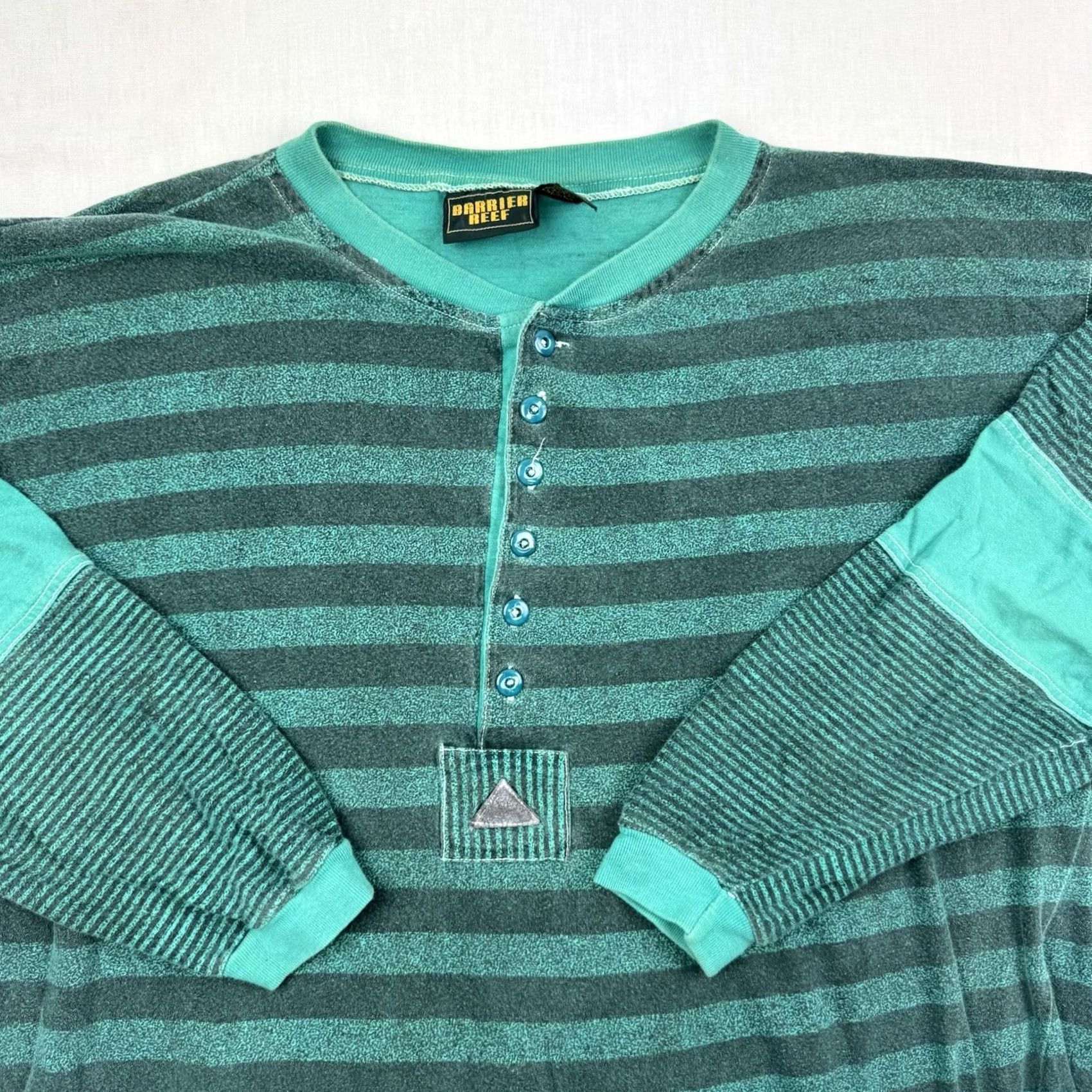 REEF VINTAGE Barrier Reef Henley Long Sleeve Shirt Striped Adult XL Green Hipster 1980s Mens SHIRT Size US XL / EU 56 / 4 - 2 Thumbnail