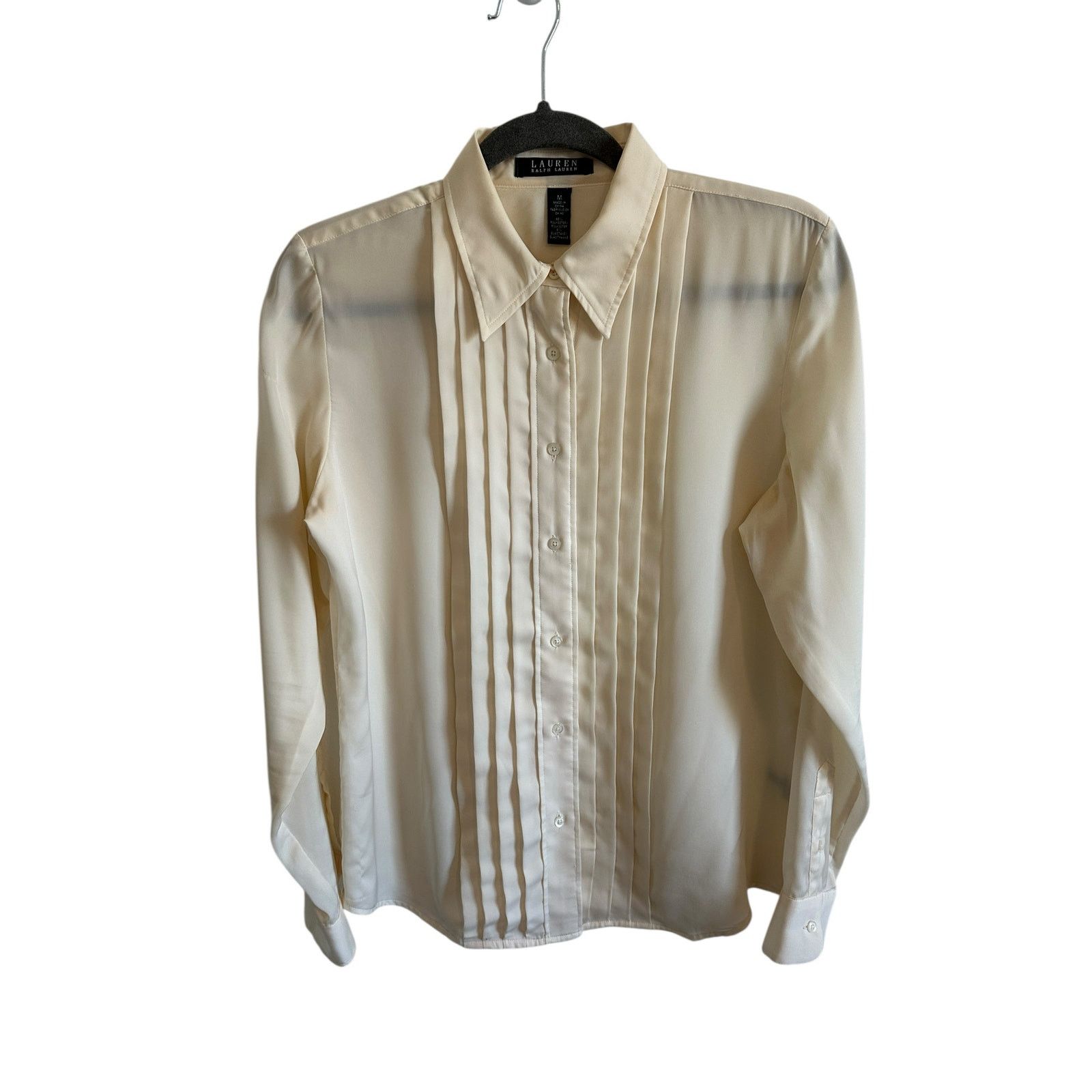 Ralph Lauren Women's Medium Cream Pleated Front Collar Button Up Top Size M / US 6-8 / IT 42-44 - 2 Thumbnail