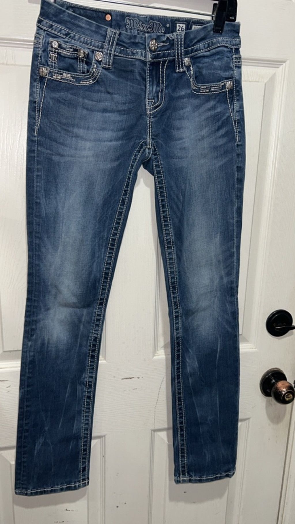 Miss Me Miss Me Straight Leg Jeans Size 26 Blue with White Stitching Size 26" / US 2 / IT 38 - 1 Thumbnail