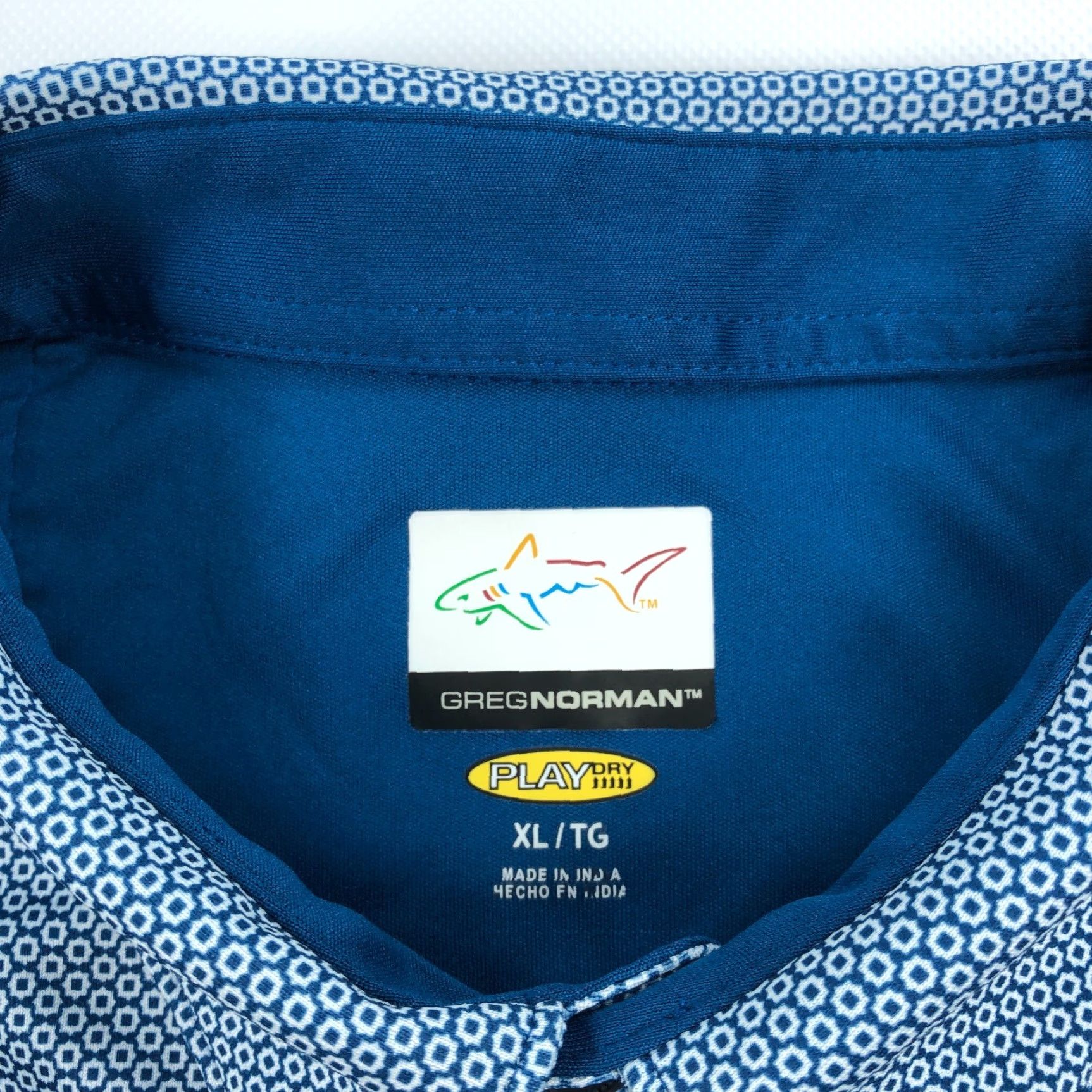 Vintage Greg Norman Polo Shirt Men XL Golf Performance Play Dry Shark Shirt Short Sleeve Blue Geometric UV Moisture Wicking Crown Sport Men’s XL Polo Size US XL / EU 56 / 4 - 5 Thumbnail