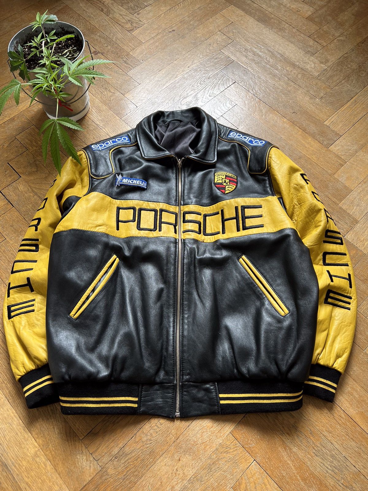 image of Porsche Design Porsche Vintage Very Leather Jacket in Black/Yellow, Men's (Size Large)