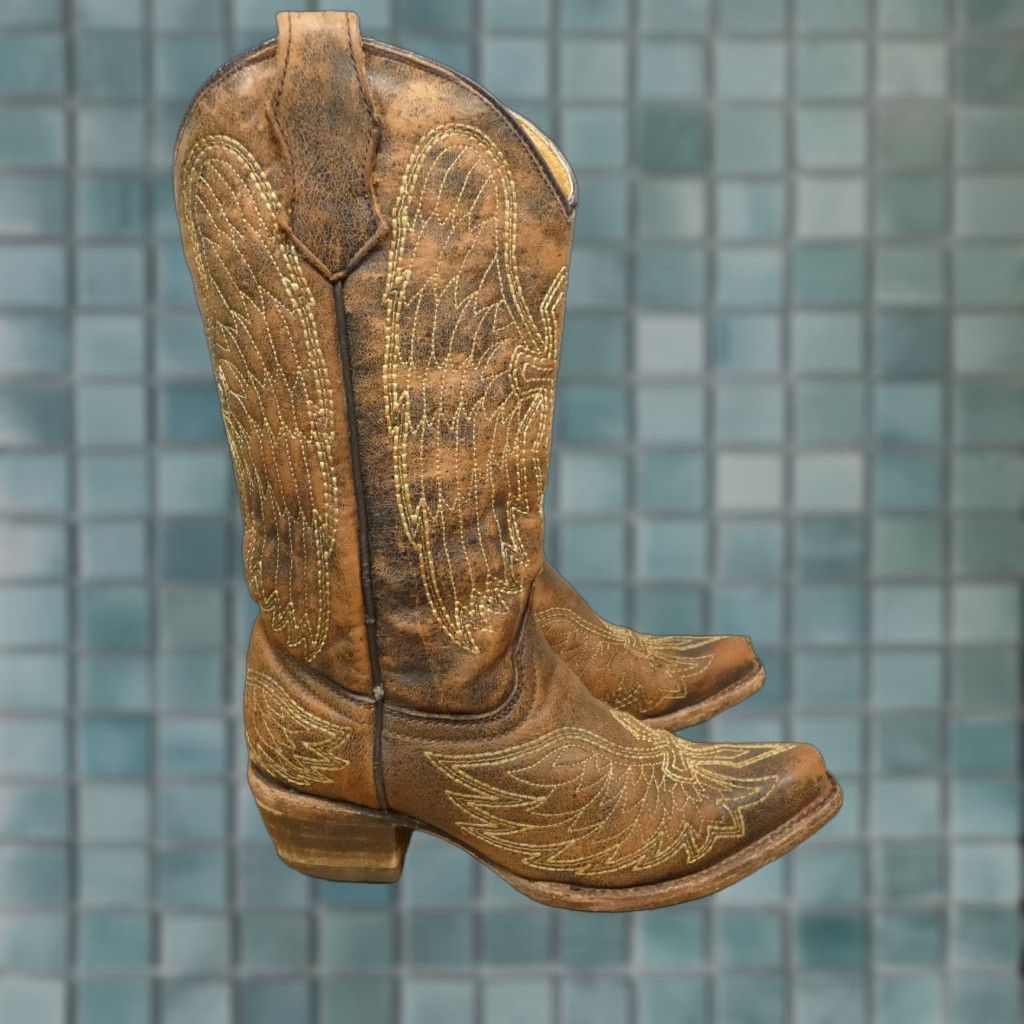 Vintage Corral Boots Womens 2 T Brown Leather Distressed Winged Cross Embroidered Boot Size US 4.5 / IT 34.5 - 1 Thumbnail