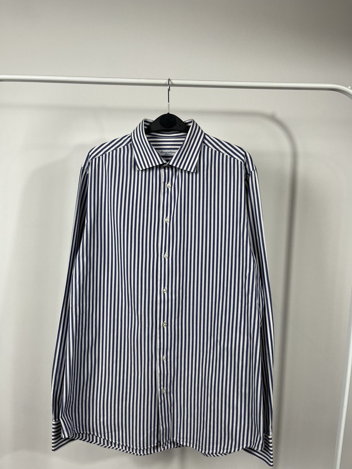 Other Santoria Milanese Blue White Striped Cotton Shirt 41 16 Size US L / EU 52-54 / 3 - 3 Thumbnail