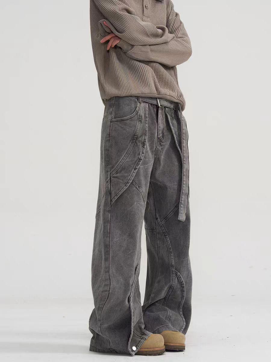 Japanese Brand Wide Leg Washed Gray Denim Jeans with Strap Size US 30 / EU 46 - 5 Thumbnail