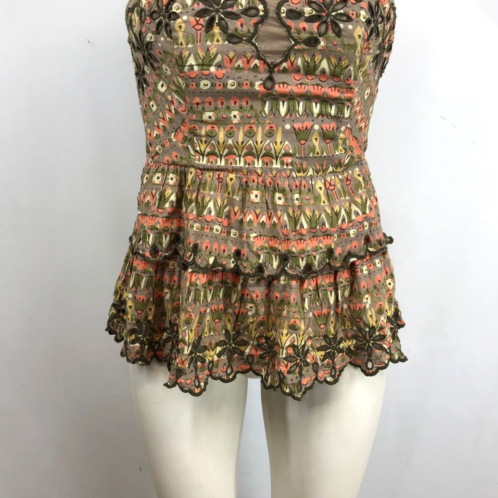 Anthropologie Floreat Anthropologie Strapless Peplum Top Brown Floral Eyelet Embroidered Sz 0 Size XS / US 0-2 / IT 36-38 - 3 Thumbnail