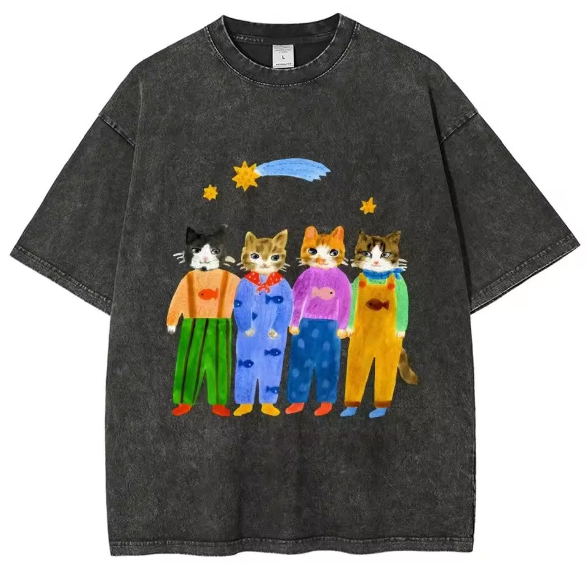 Japanese Brand High Street Colorful Aesthetic Cats Graphic Washed T-Shirt Size US S / EU 44-46 / 1 - 1 Thumbnail