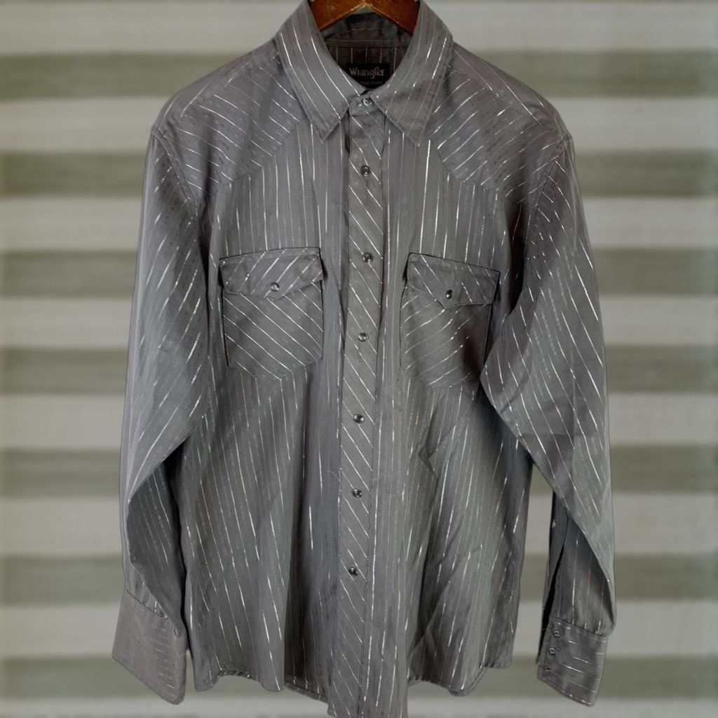 Wrangler Wrangler Western Shirt Mens Large Grey Silver Metallic Pinstripe Snap Front Size US L / EU 52-54 / 3 - 1 Thumbnail