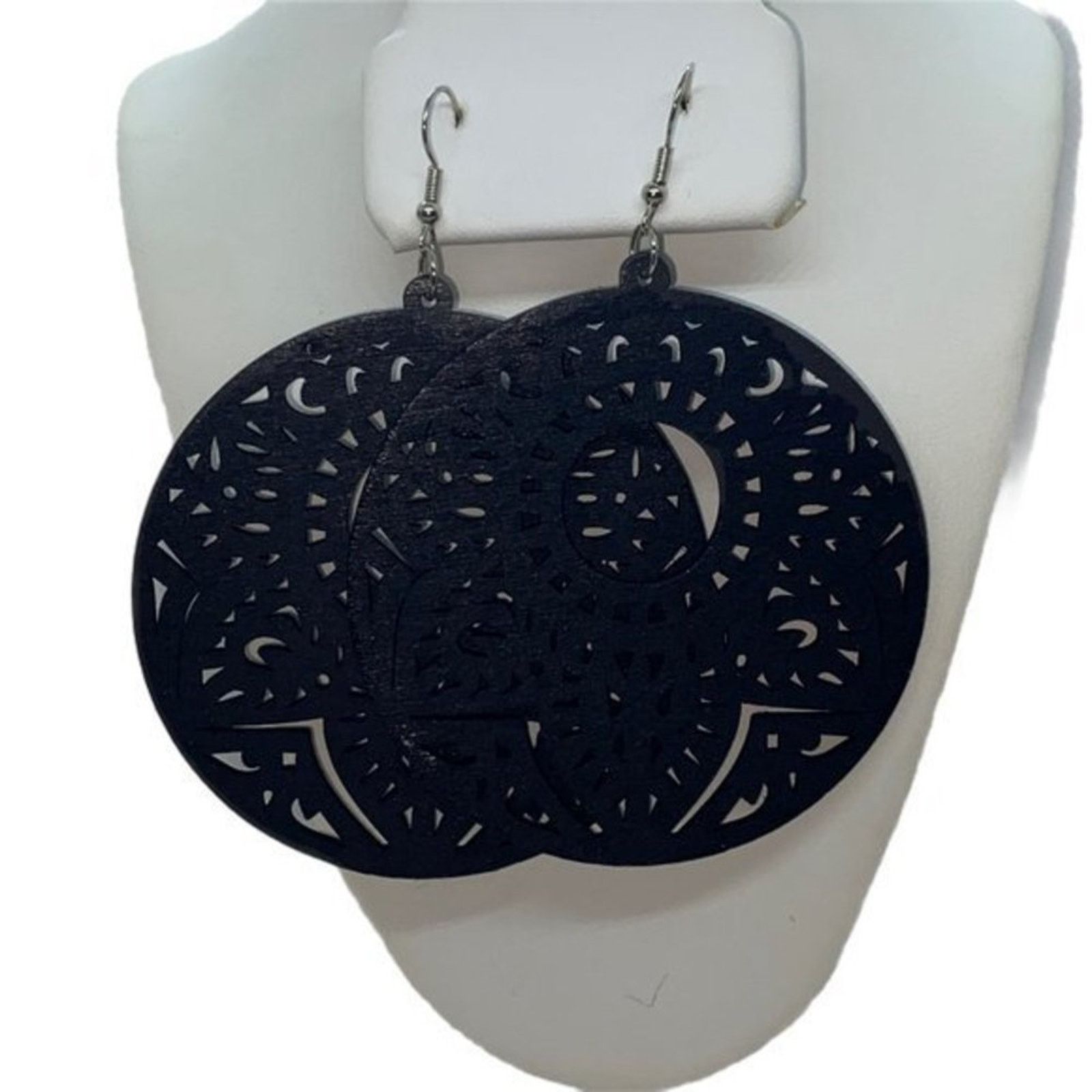 Boutique Moschino NWT Black Wood Perforated Laser-Cut Out Dangle Earrings Size ONE SIZE - 1 Thumbnail