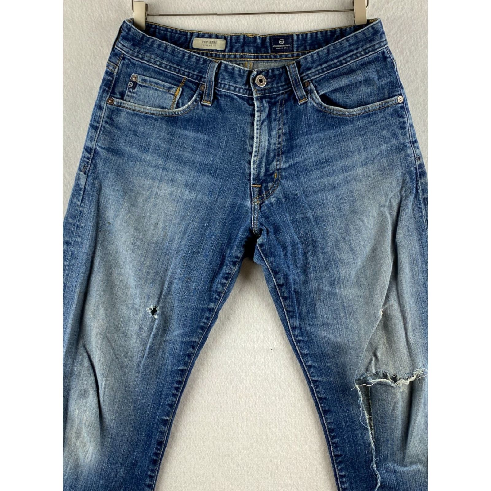 Denime AG Adriano Goldschmied Jeans Mens 31x34 The Hero Relaxed Straight Rip Denim USA Jeans Mens Size US 31 - 3 Thumbnail
