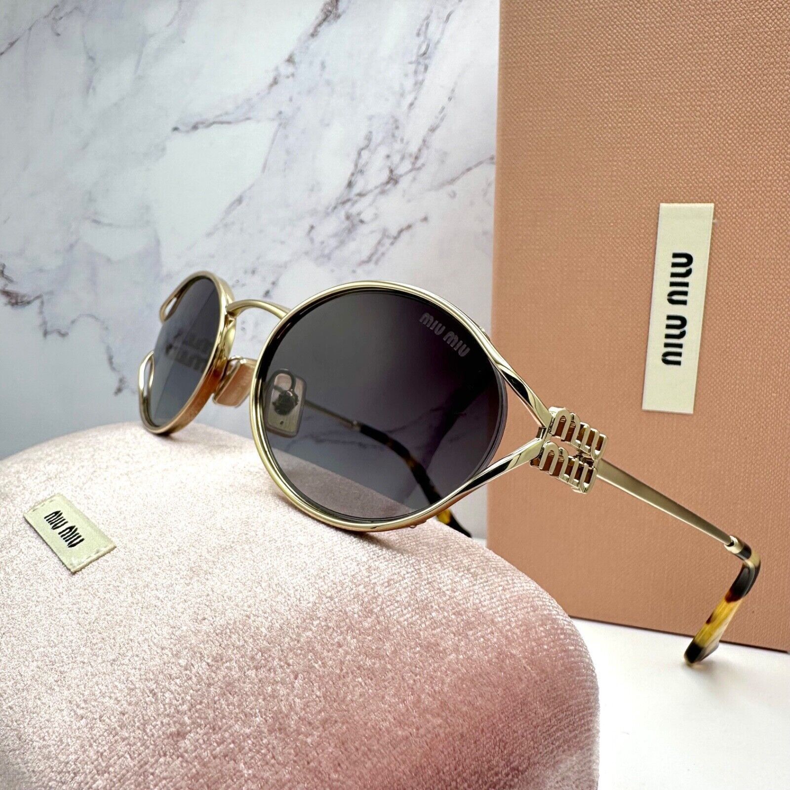 New MIU MIU Sunglasses Gold Metal Slim Frame Oval
