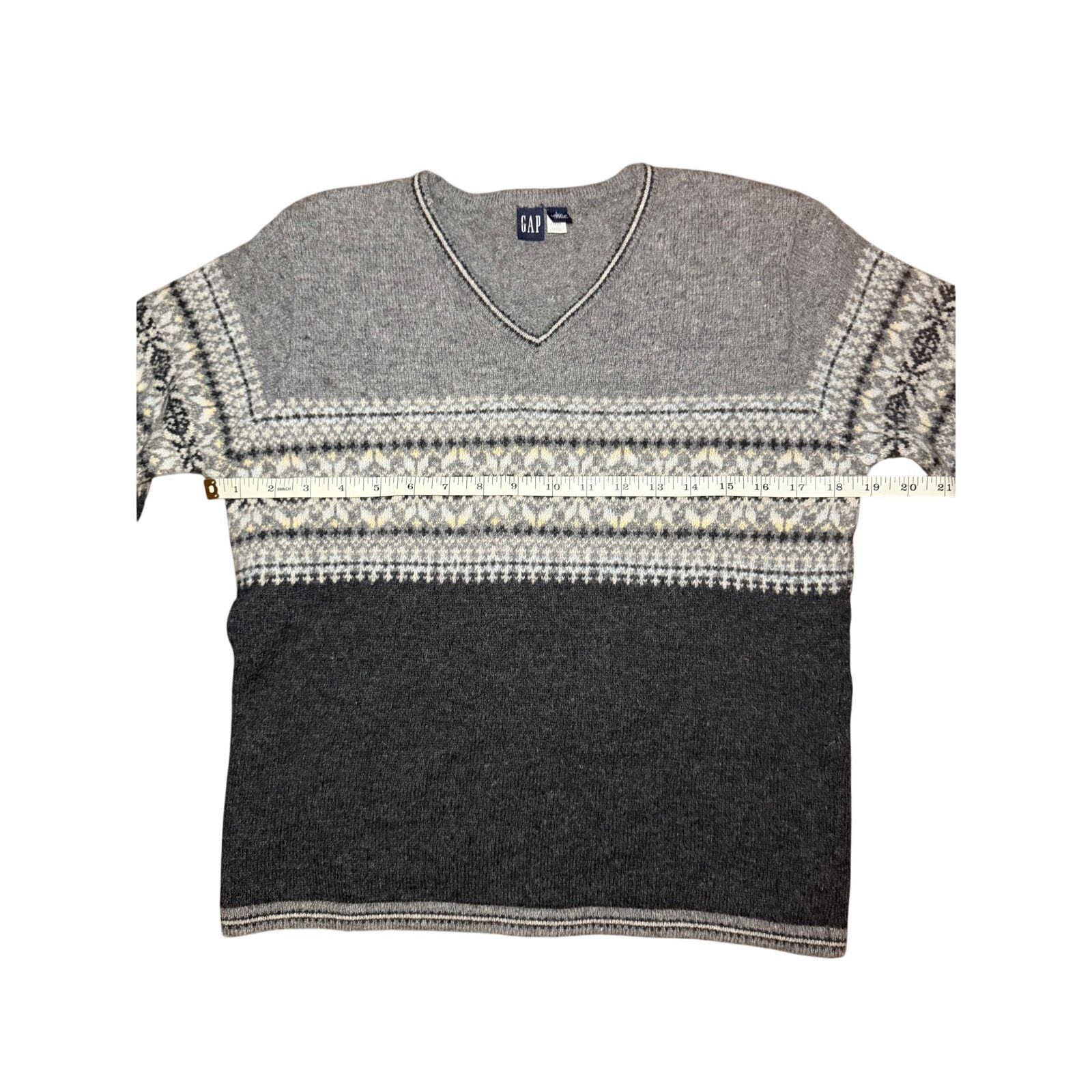 Gap GAP Gray Fair Isle V-Neck Lambs Wool Blend Sweater Size US L / EU 52-54 / 3 - 4 Thumbnail