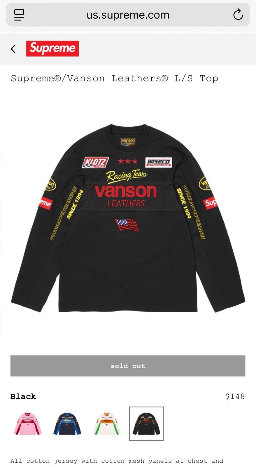 Supreme × Vanson Leathers Supreme Vanson Leathers Long Sleeve Top