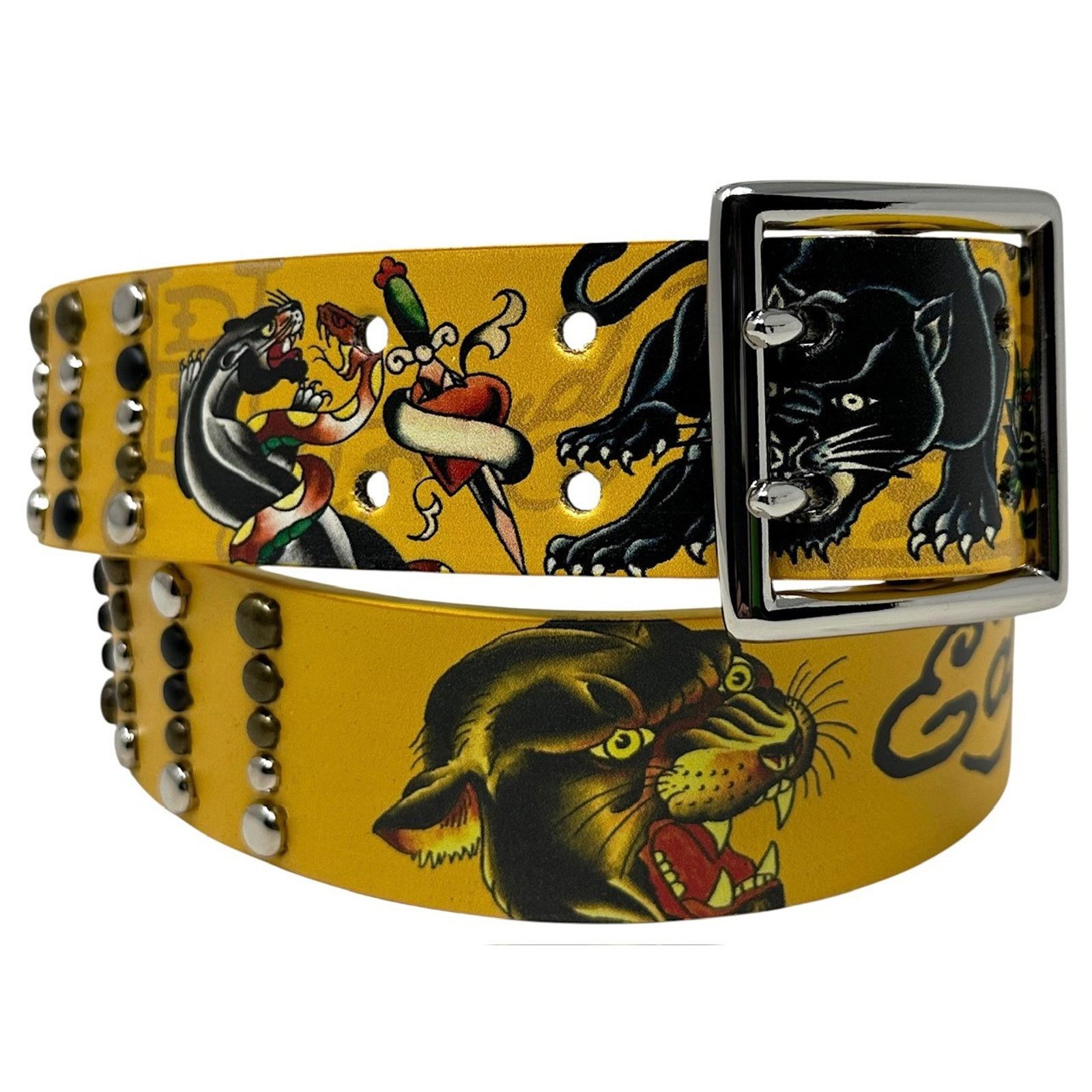 Ed Hardy Ed Hardy Men's Double Prong Panther Snake Print Yellow Belt Size 36 - 1 Thumbnail