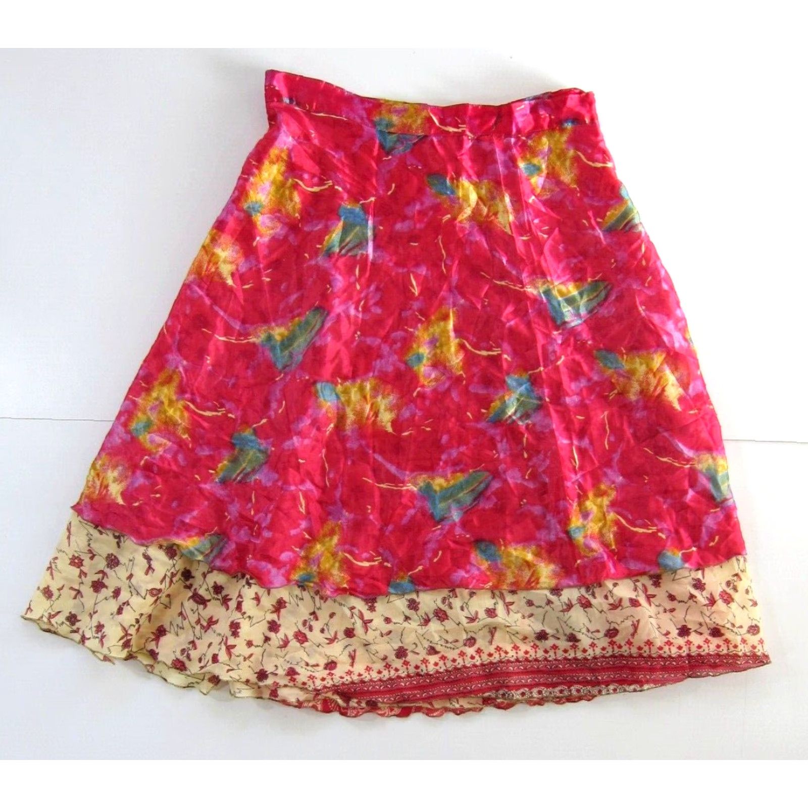 Pinko VINTAGE India Silk Pink Green Yellow Floral Reversible long Maxi Wrap Skirt OS Size 42" / US 20 - 2 Thumbnail