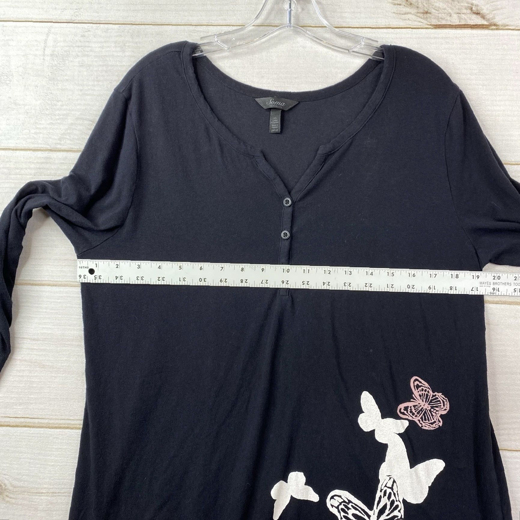 Vintage Soma Sleepshirt L Black Butterflies Cotton Pajamas Night Gown 3/4 Sleeve V-Neck Button Pullover Knit Women's Regular Size L / US 10 / IT 46 - 6 Thumbnail