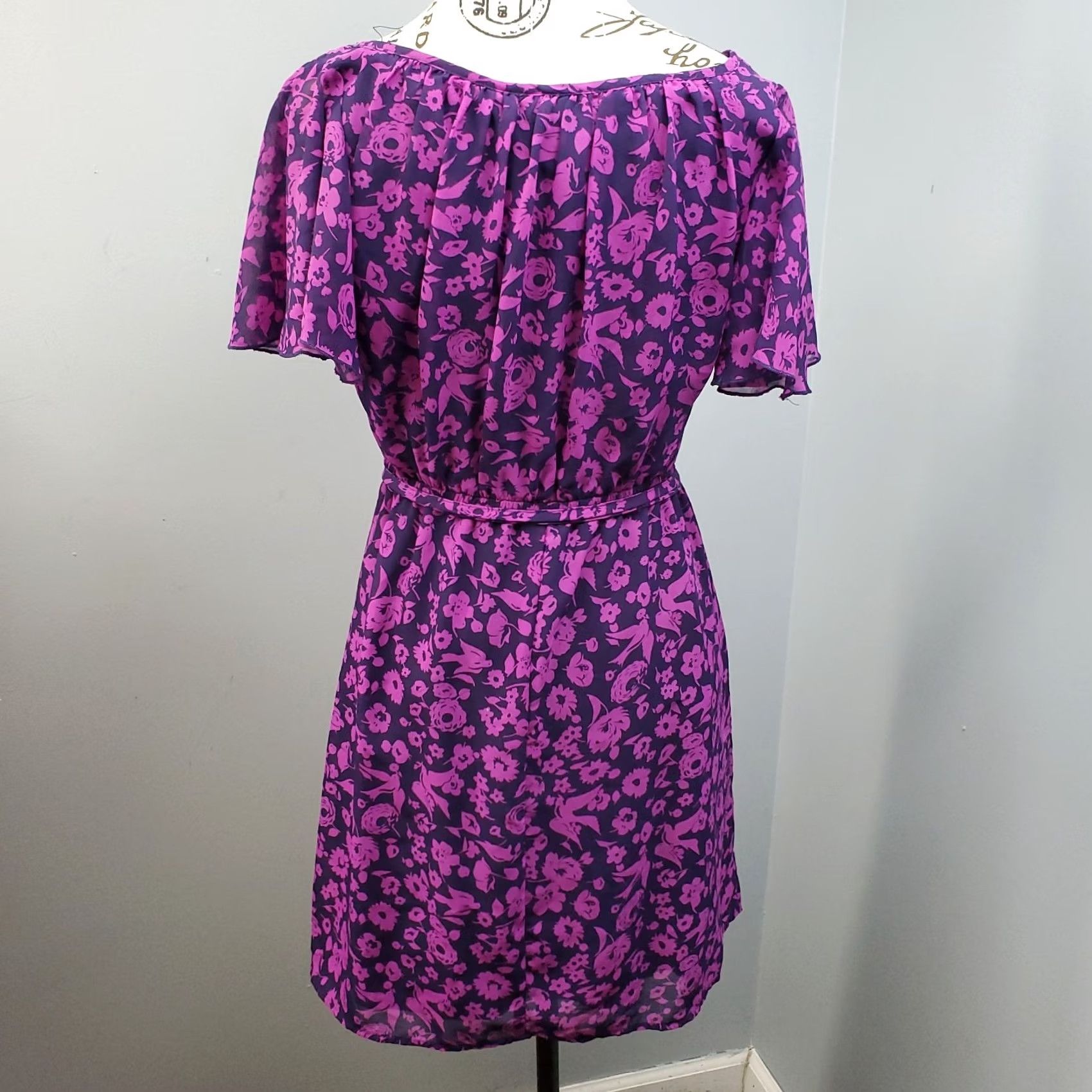 Vintage Fishbowl Mini Dress Womens Size S Purple Floral Cinch Waist Chiffon Flutter Sleeve Size S / US 4 / IT 40 - 2 Thumbnail