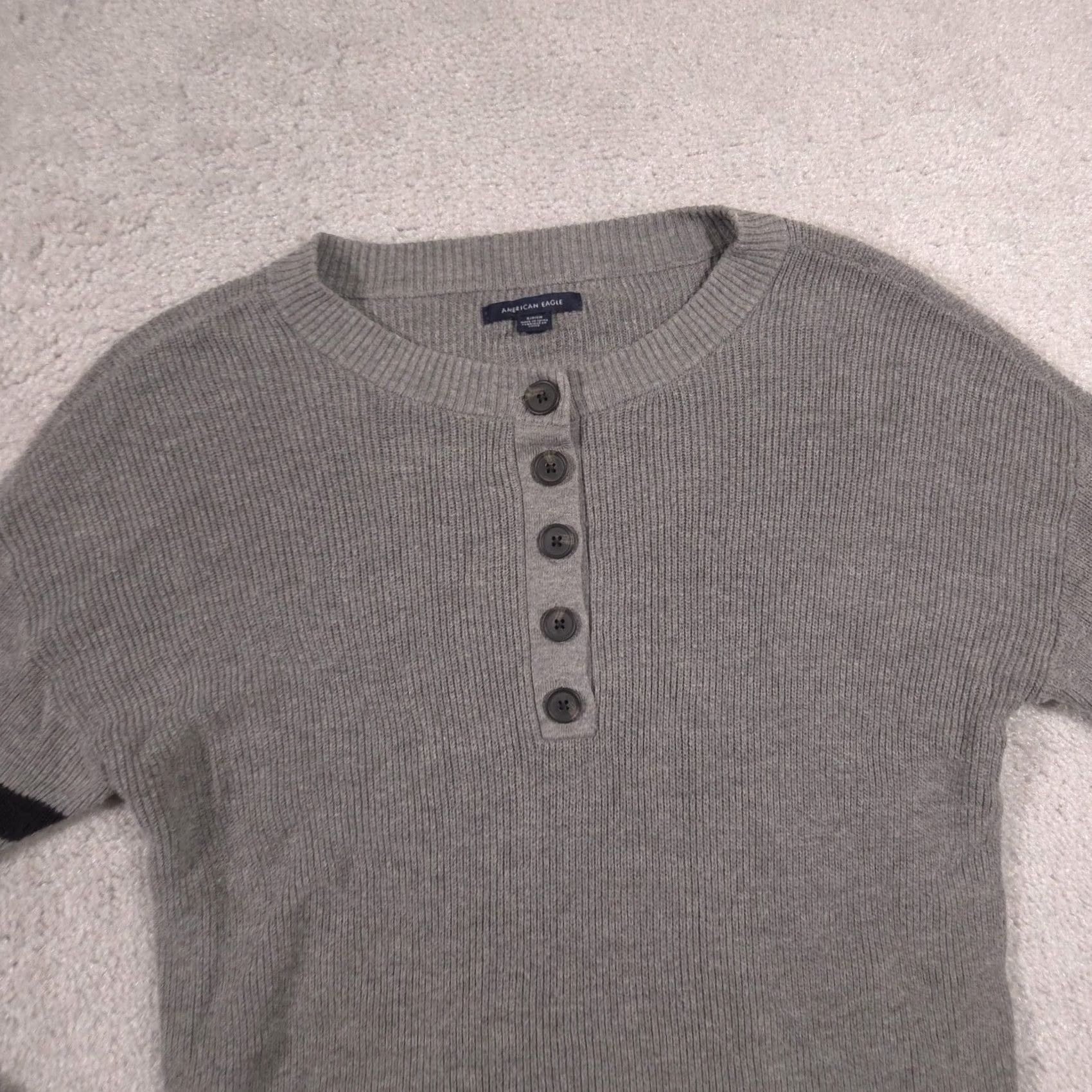 Vintage American Eagle Gray Henley Knit Stripe Long Sleeve Crewneck Womens Small Sweater - Vintage Size S / US 4 / IT 40 - 3 Thumbnail