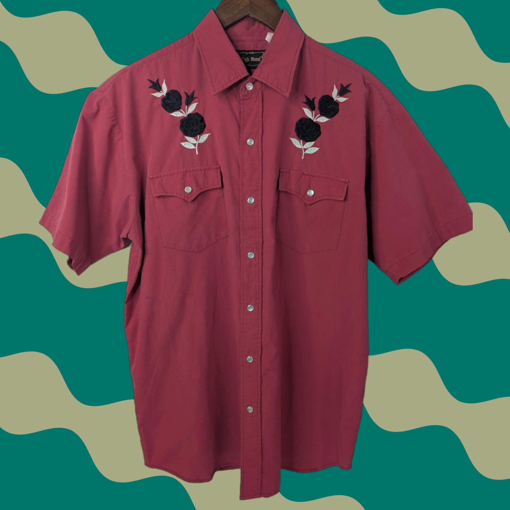 Vintage VINTAGE High Noon Western Pearl Snap Shirt Embroidered Roses Rodeo Cowboy Medium Black Long Sleeve Cotton Blend 1980s Mens Size US M / EU 48-50 / 2 - 1 Thumbnail