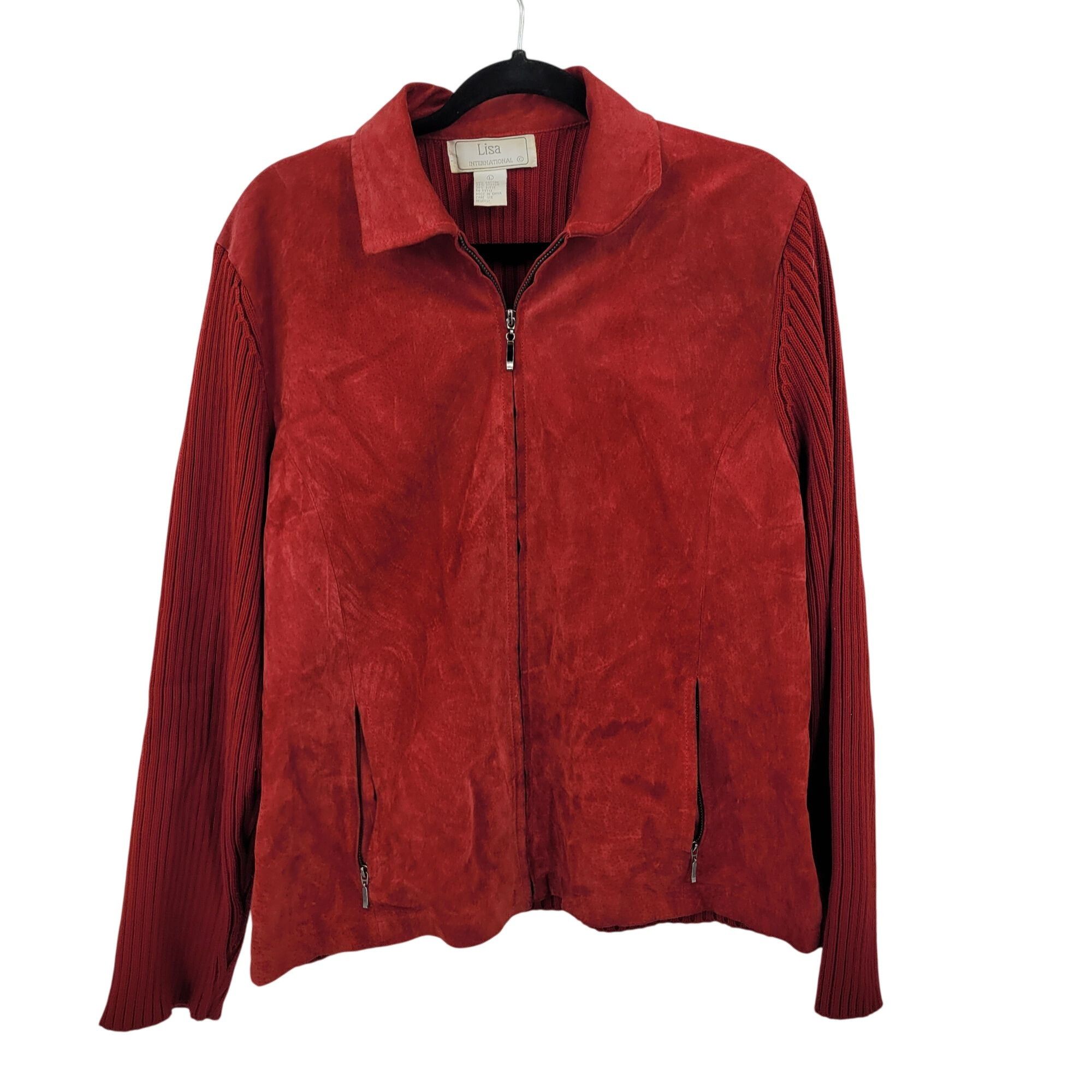 Vintage Vtg Red Ribbed Knit Long Sleeve Suede Sweater Jacket Shacket Size L / US 10 / IT 46 - 1 Thumbnail