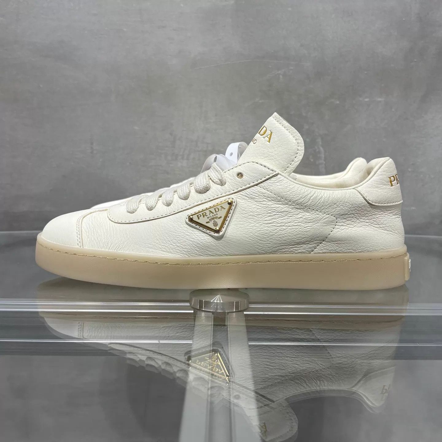 Prada Prada Cream Leather Triangle Logo Trainer Women's 37 Size US 6.5 / IT 36.5 - 3 Thumbnail