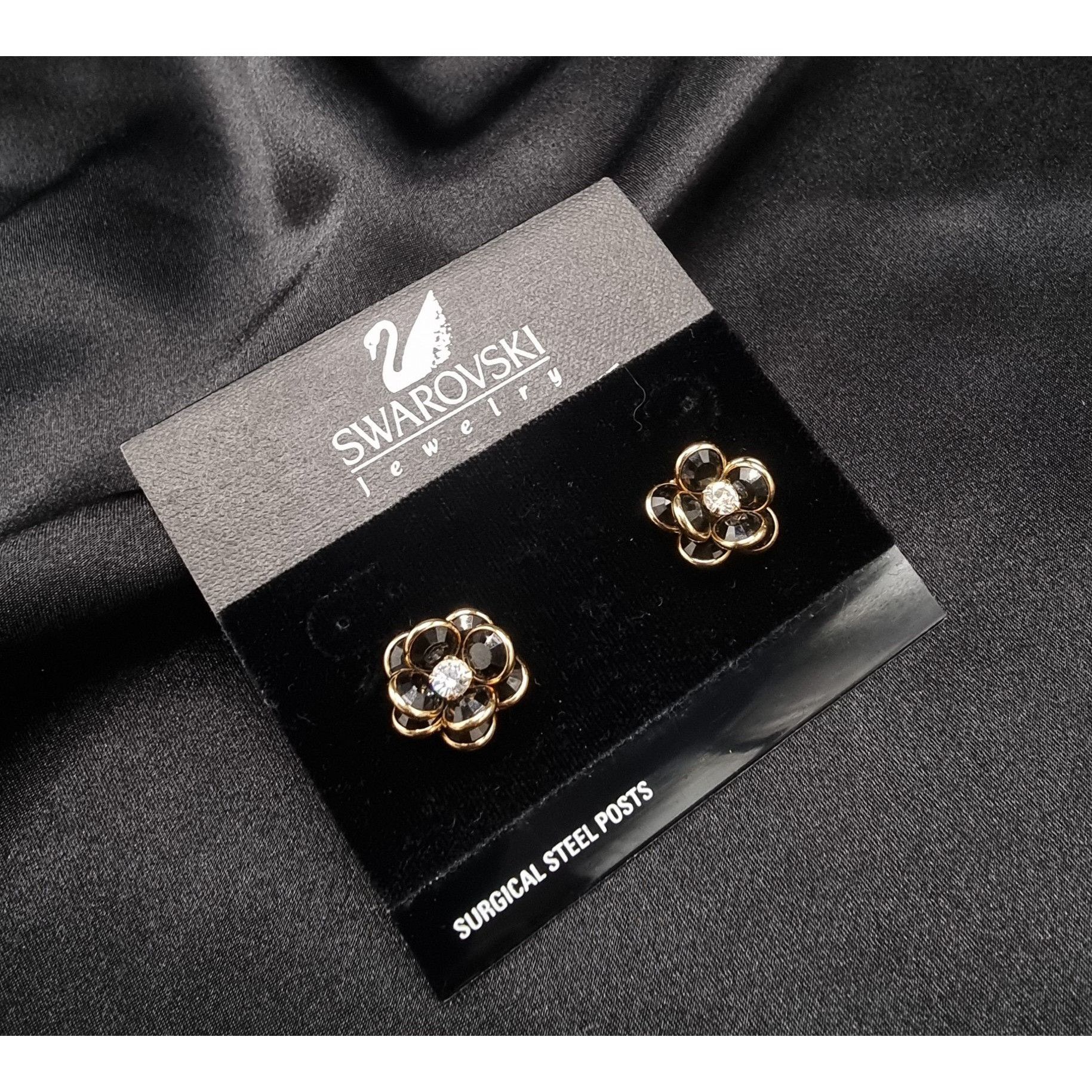 Swarovski Vintage 1990s Swarovski Black & Gold Flower Crystal Stud Ear Size ONE SIZE - 2 Thumbnail