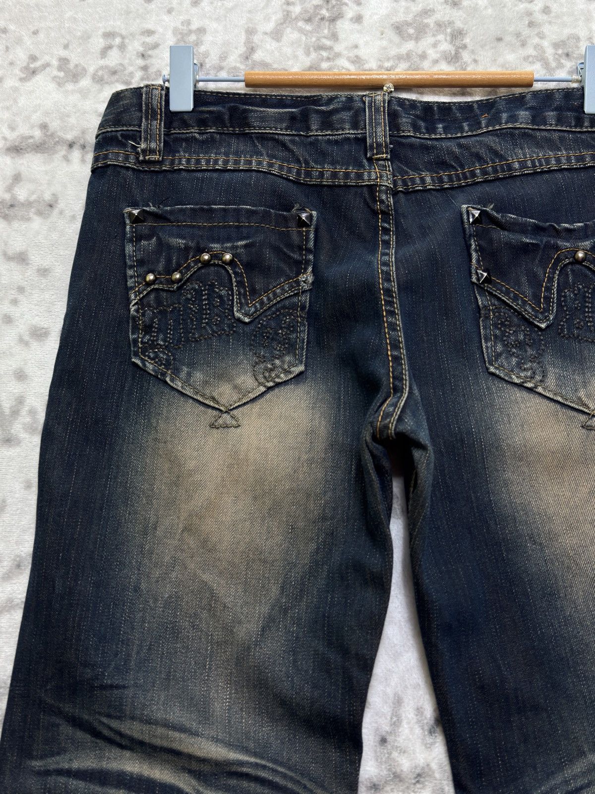 Japanese Brand Vintage X.M.H.L Y2K Mud Wash Studded Low Rise Flare Denim Size US 31 - 10 Thumbnail