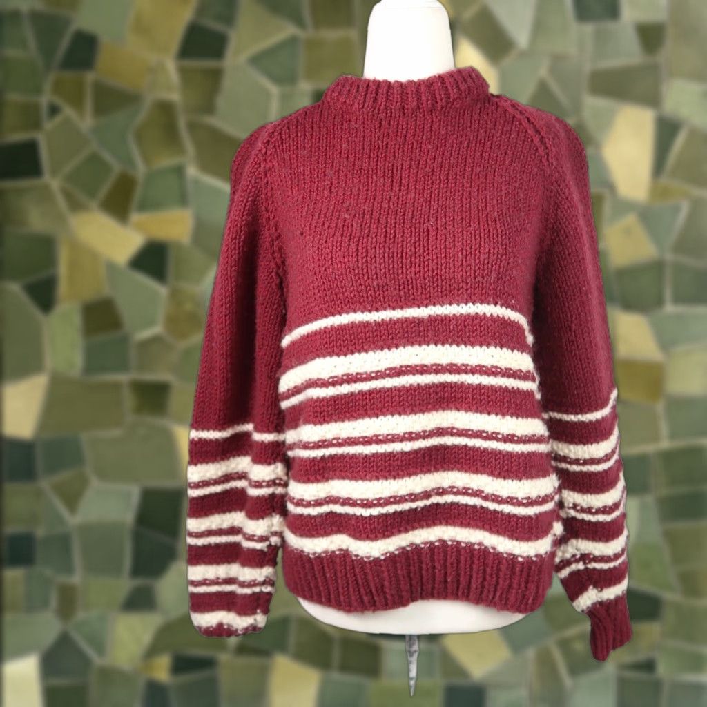 Vintage VINTAGE 80s burgundy red and white striped knit pullover sweater M Women Long Sleeve High Neck Casual Pattern Striped End Mens Womens Size M / US 6-8 / IT 42-44 - 1 Thumbnail