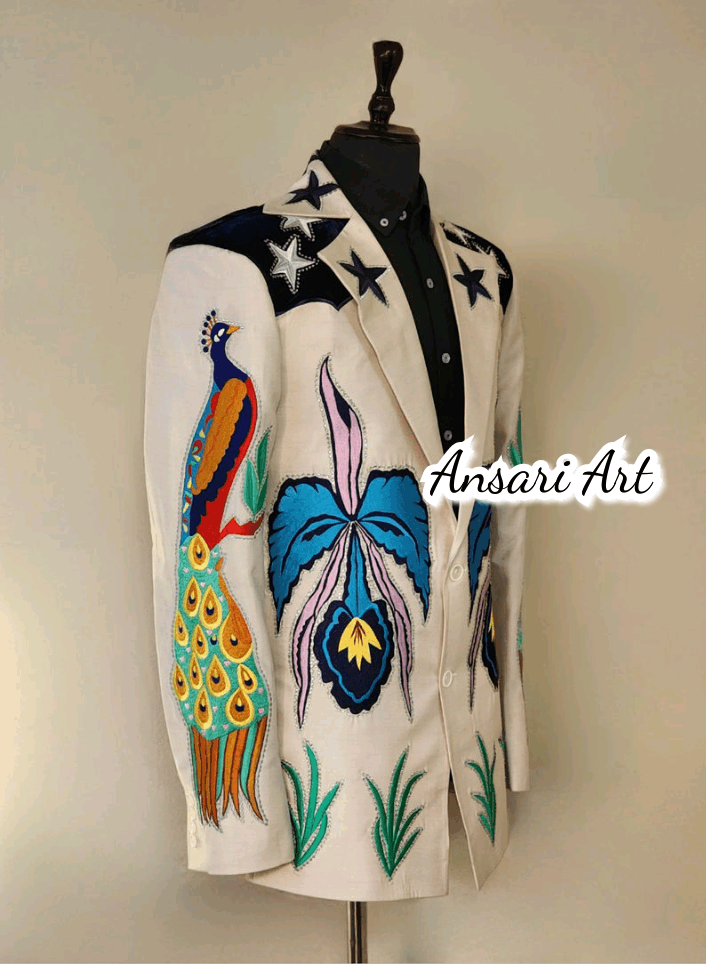 Other Men 2Pc Bespoke Peacock Embroidered Wedding cocktail Outfits Size 42L - 2 Thumbnail
