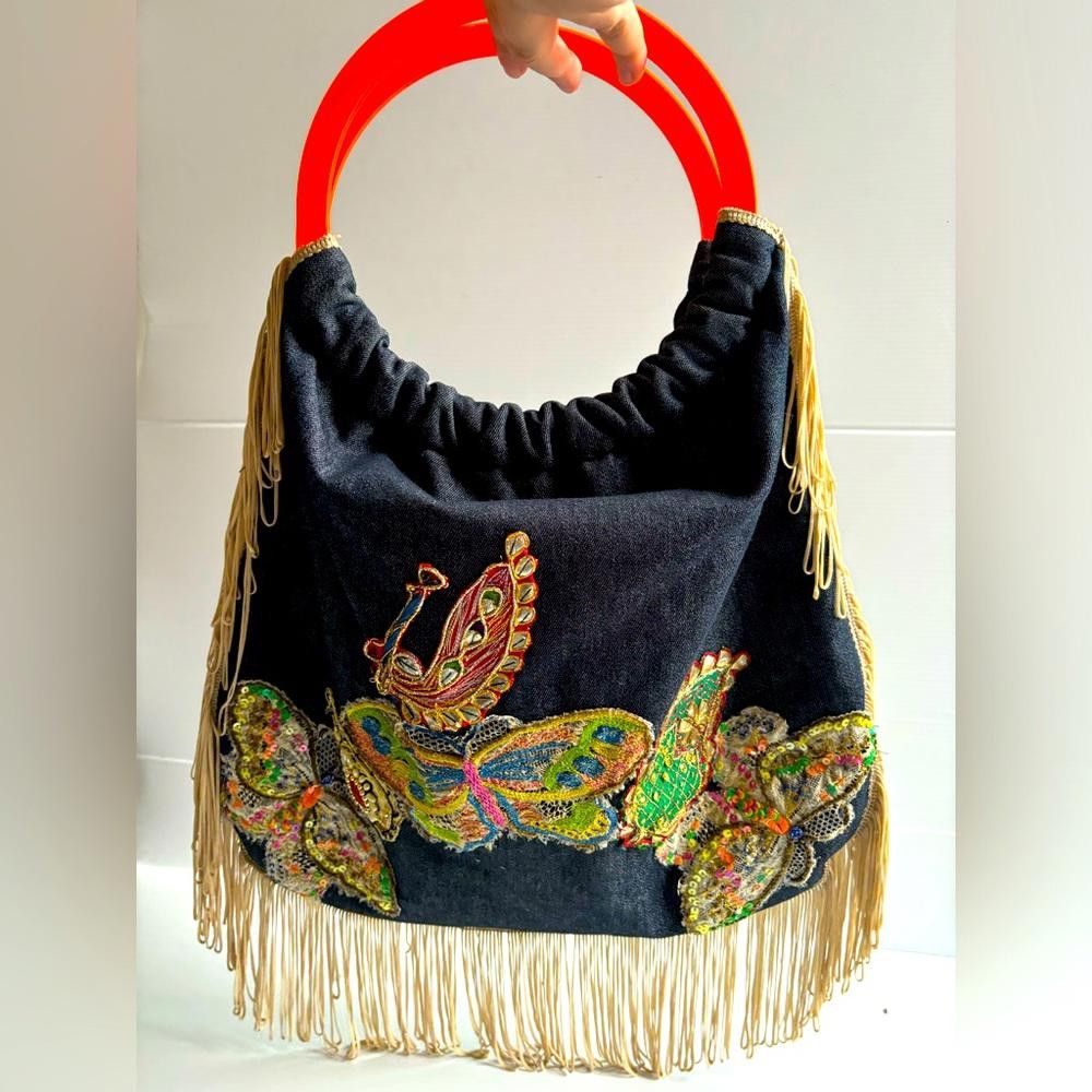 Designer Rare Matthew Williamson Navy Denim Appliqué Butterfly Bag Size ONE SIZE - 1 Thumbnail