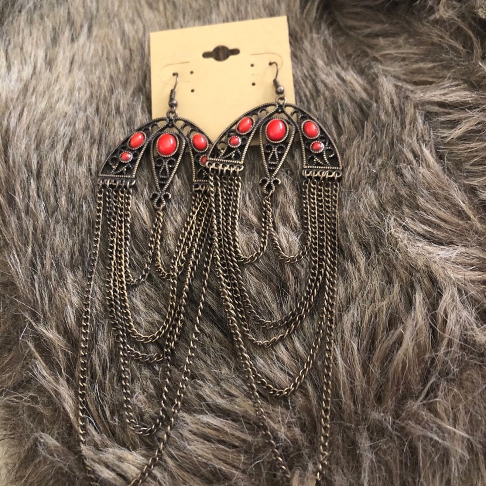 Vintage Vintage brass chain coral cabochon accent earrings Size ONE SIZE - 4 Thumbnail