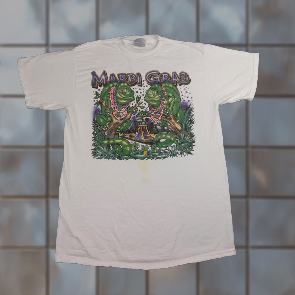 Tultex VINTAGE Mardi Gras Shirt Mens Large White Frogs Beads Festival Graphic 90s Tee Size US L / EU 52-54 / 3 - 1 Thumbnail