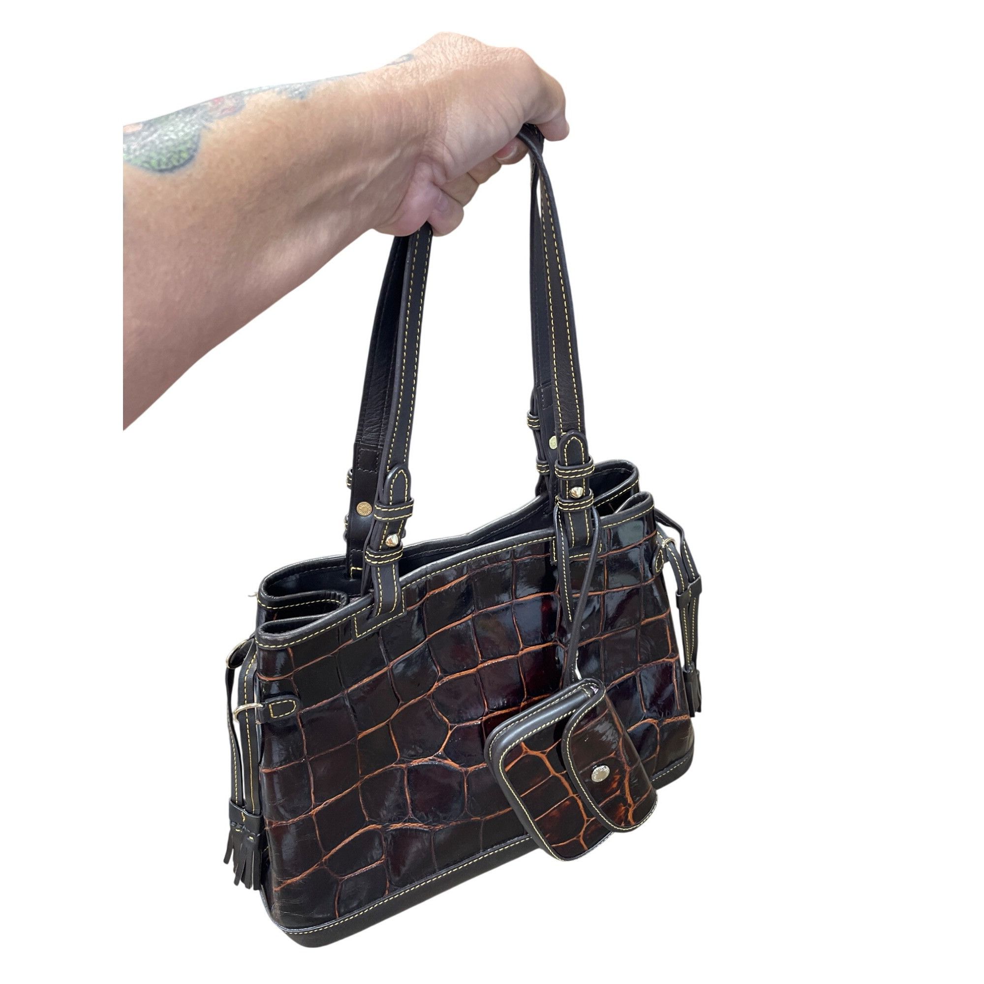 Dooney Bourke Womans Brown Croc Embossed Leather Tote Wristl
