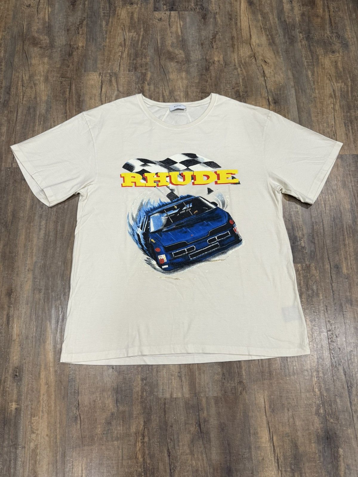Rhude NASCAR Race Tee Logo Cream Racing Tour Checkered Flag