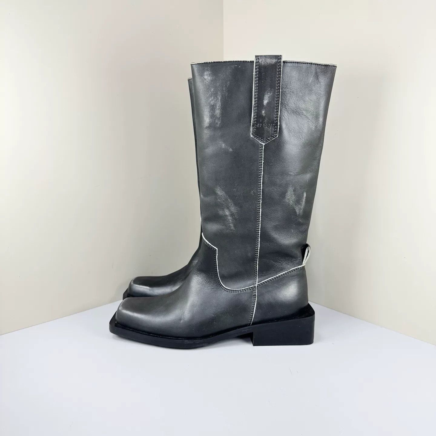 Ganni Ganni Distressed Square Toe Leather Boots Size US 8 / IT 38 - 1 Thumbnail