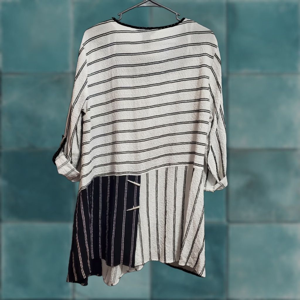 Vintage Ali Miles Tunic Top Women M White Striped Crinkle Roll Tab Sleeve Artsy Size M / US 6-8 / IT 42-44 - 1 Thumbnail