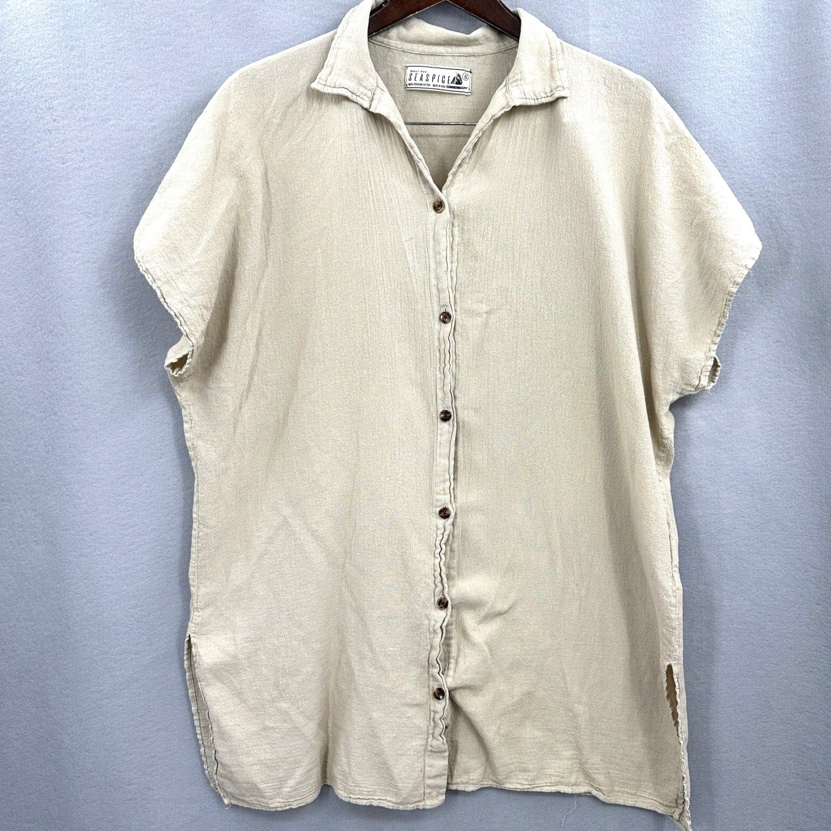 Vintage Seaspice Resort Blouse Women Small Beige Cotton Casual Tunic Short Sleeve Bohemian Designer Size S / US 4 / IT 40 - 2 Thumbnail