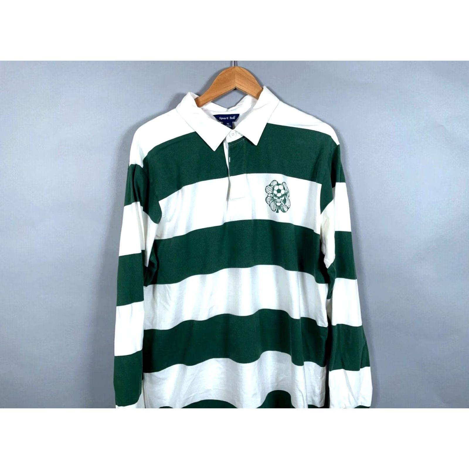 Vintage Sport-Tek Rugby Shirt Men XL White Green Striped Skull Four Leaf Clover Print Polo Size US XL / EU 56 / 4 - 4 Thumbnail