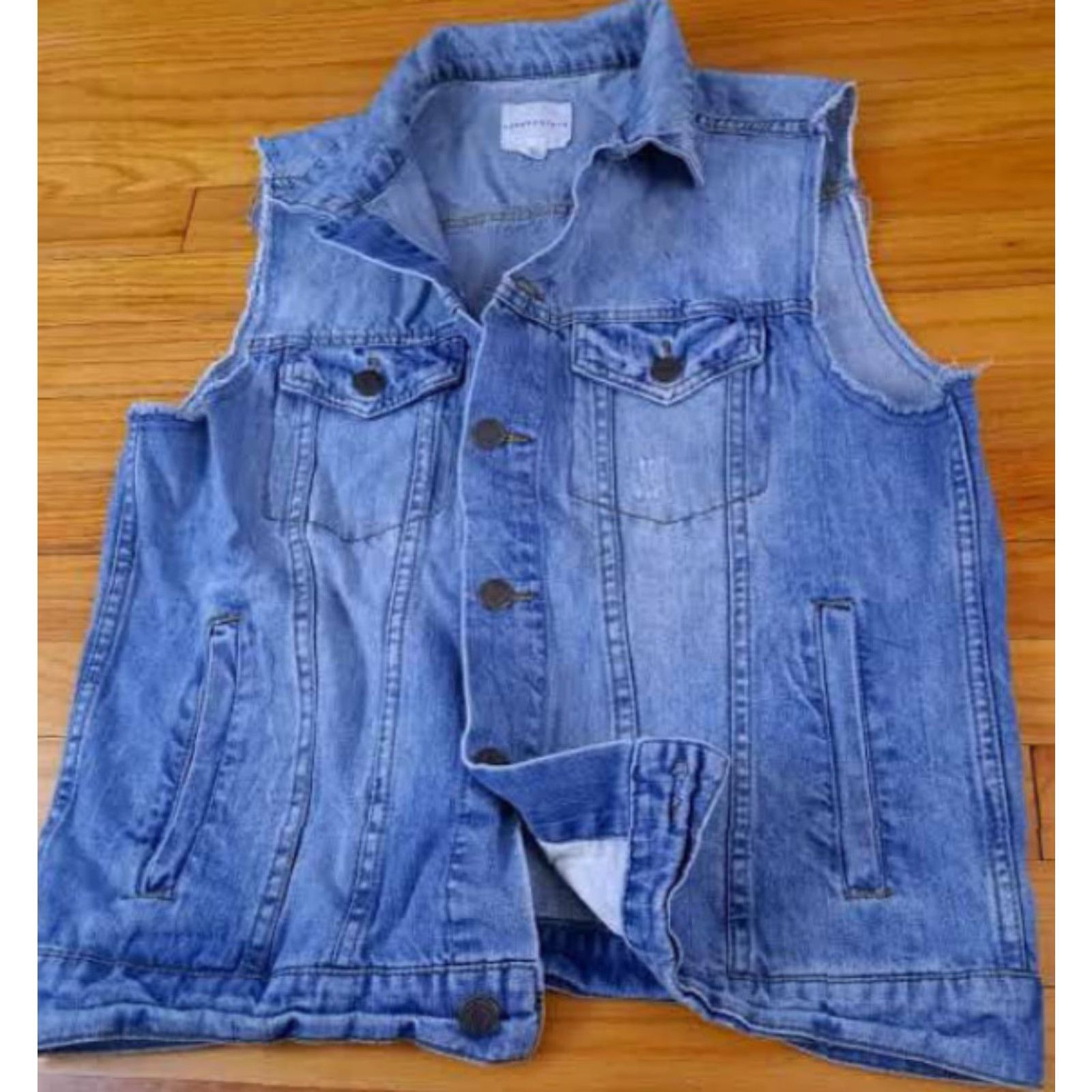 Aeropostale VINTAGE Aeropostle Vest Unisex Adults L Blue Cotton Full Button Large Cut-Off Sleeve Biker 24in long 23in pit to pit Size 42R - 3 Thumbnail