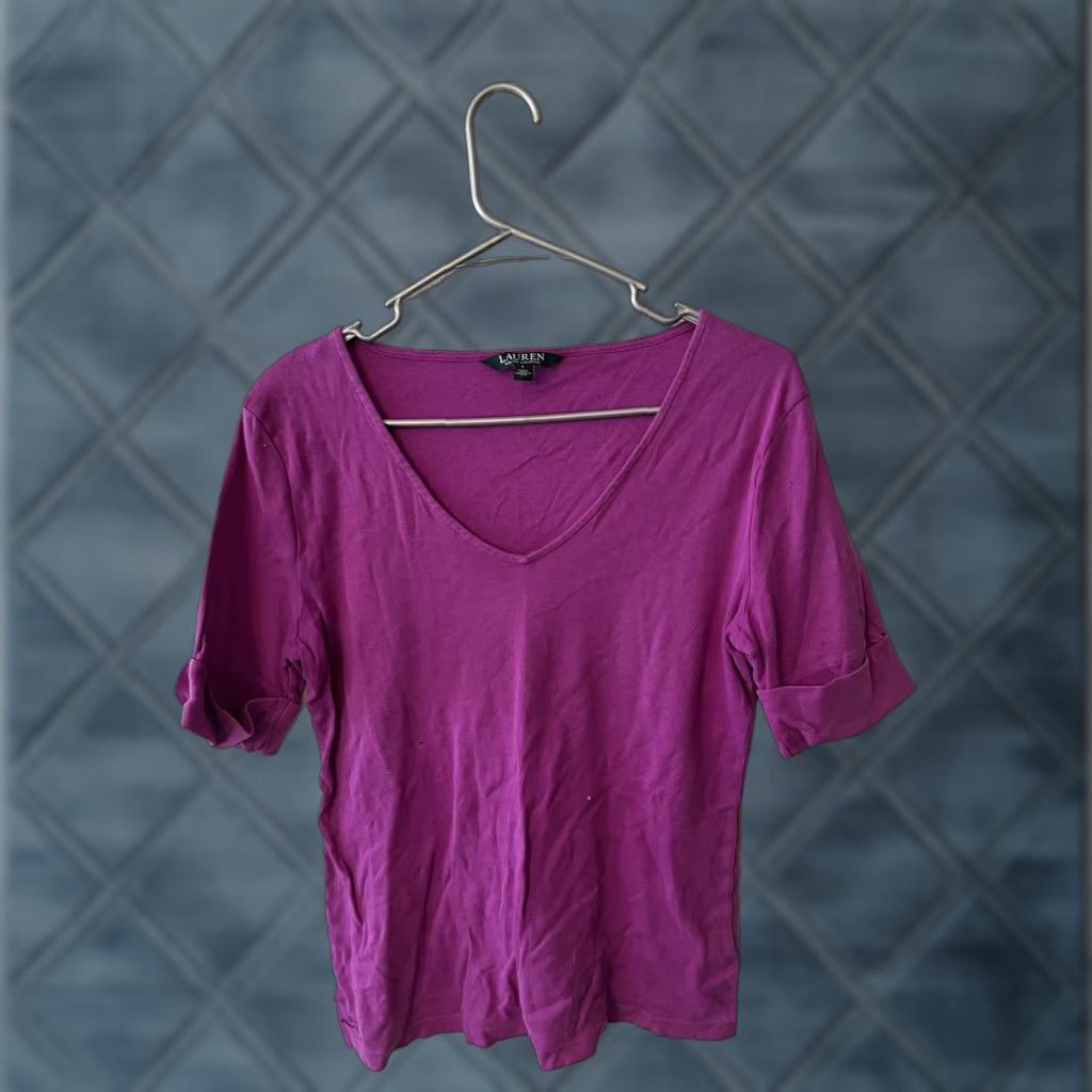 Ralph Lauren Lauren Ralph Lauren T-Shirt Women Large Purple Short Sleeve V-Neck Cotton Size L / US 10 / IT 46 - 1 Thumbnail
