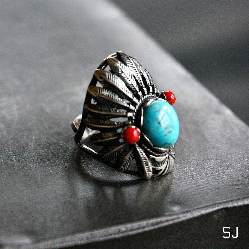 Other Turquoise Cuff Ring Inspired by Native American Headdress, G Size ONE SIZE - 4 Thumbnail