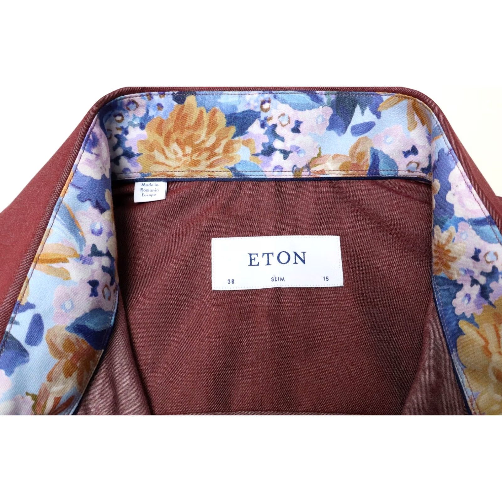 Eton ETON Signature Twill Slim Formal Shirt Men's 38/15 Burgundy Dress Shirt Long Sleeve Spread Collar Button Up Shafts Slim Fit Size 38R - 7 Thumbnail