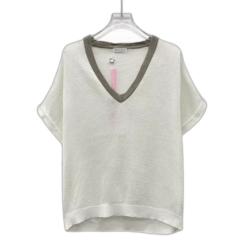 Brunello Cucinelli Brunello Cucinelli White V-Neck Cotton Knit Top Size L / US 10 / IT 46 - 1 Thumbnail