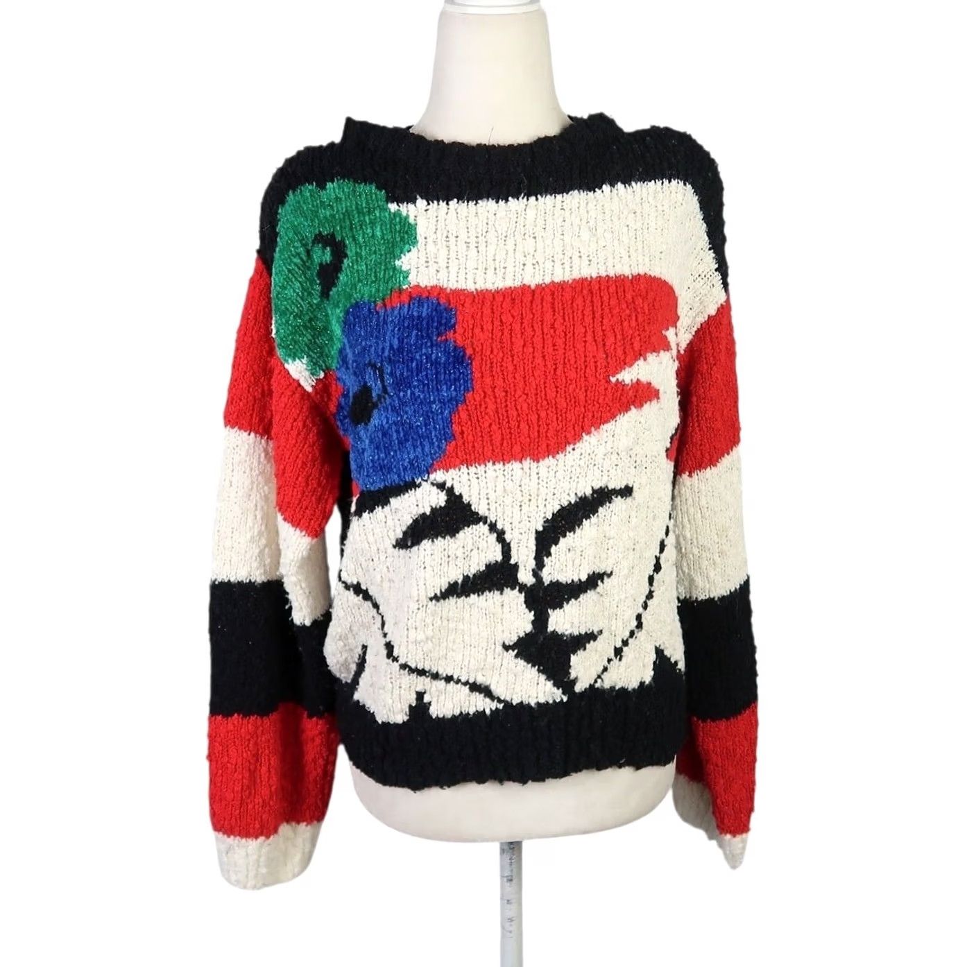 Vintage VINTAGE 80s Floral Knit Sweater M Women Long Sleeve Pullover Acrylic Black White Red Abstract Flower Pattern - 80s 90s Theme Size M / US 6-8 / IT 42-44 - 2 Thumbnail