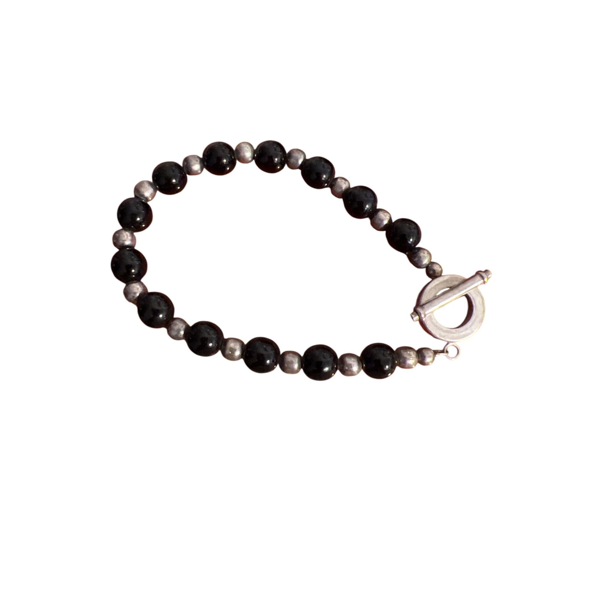 Other Vintage Silver Tone Black Glass Bead Bracelet Toggle Clasp E Size ONE SIZE - 3 Thumbnail