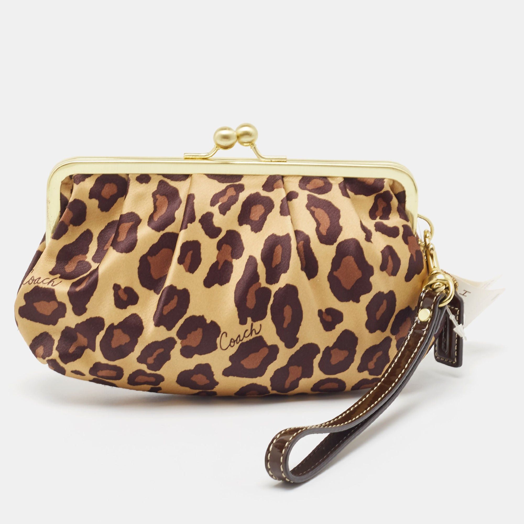 image of Coach Gold Leopard Print Satin Ocelot Kisslock Wristlet Clutch, Women's