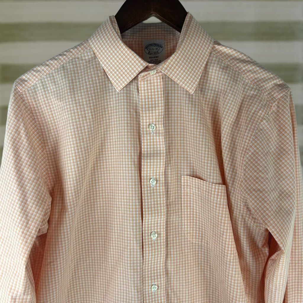 Brooks Brothers Brooks Brothers Dress Shirt Mens 15.5 35 Orange Gingham Regent Fit Non-Iron Shirt Mens Size 42R - 1 Thumbnail