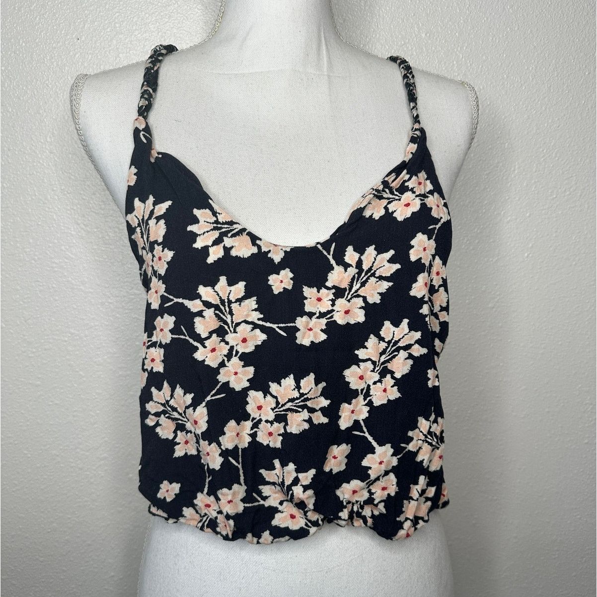 Other Boho Floral Braided Twist Back Tank Top Black Peach Linen Size XS / US 0-2 / IT 36-38 - 1 Thumbnail
