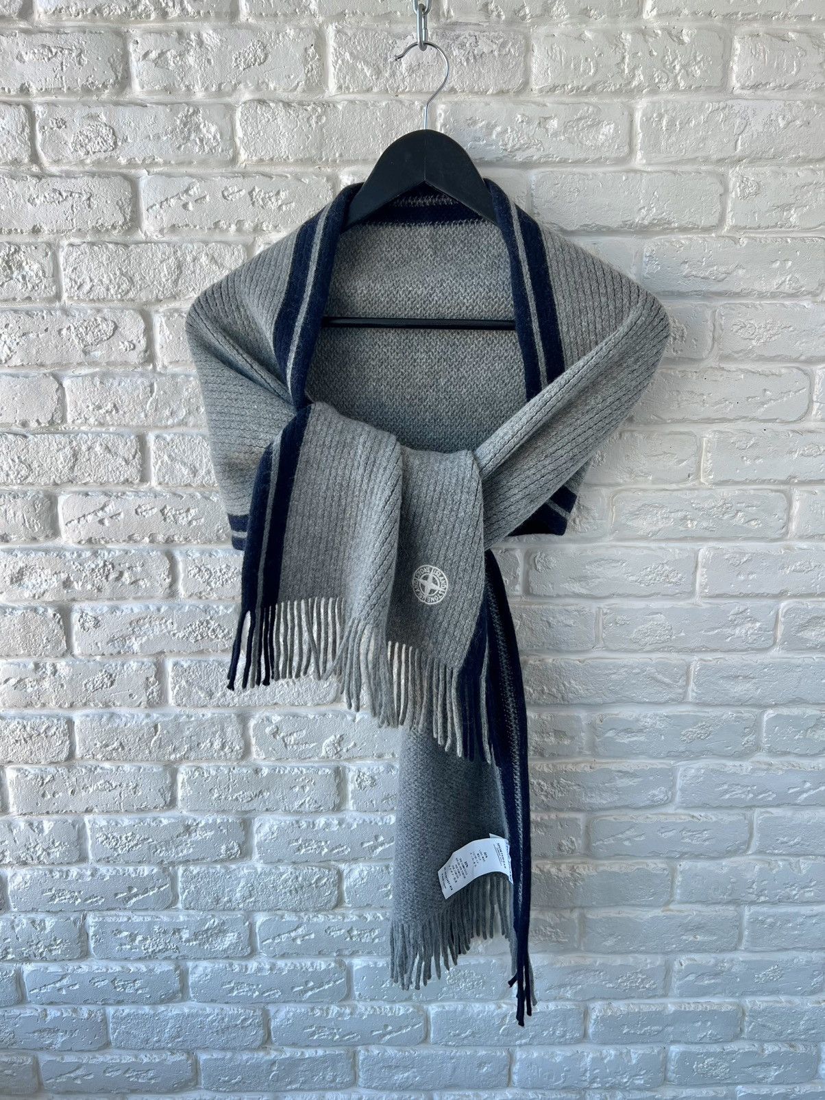 Stone Island Gray Wool Logo Knit Scarf