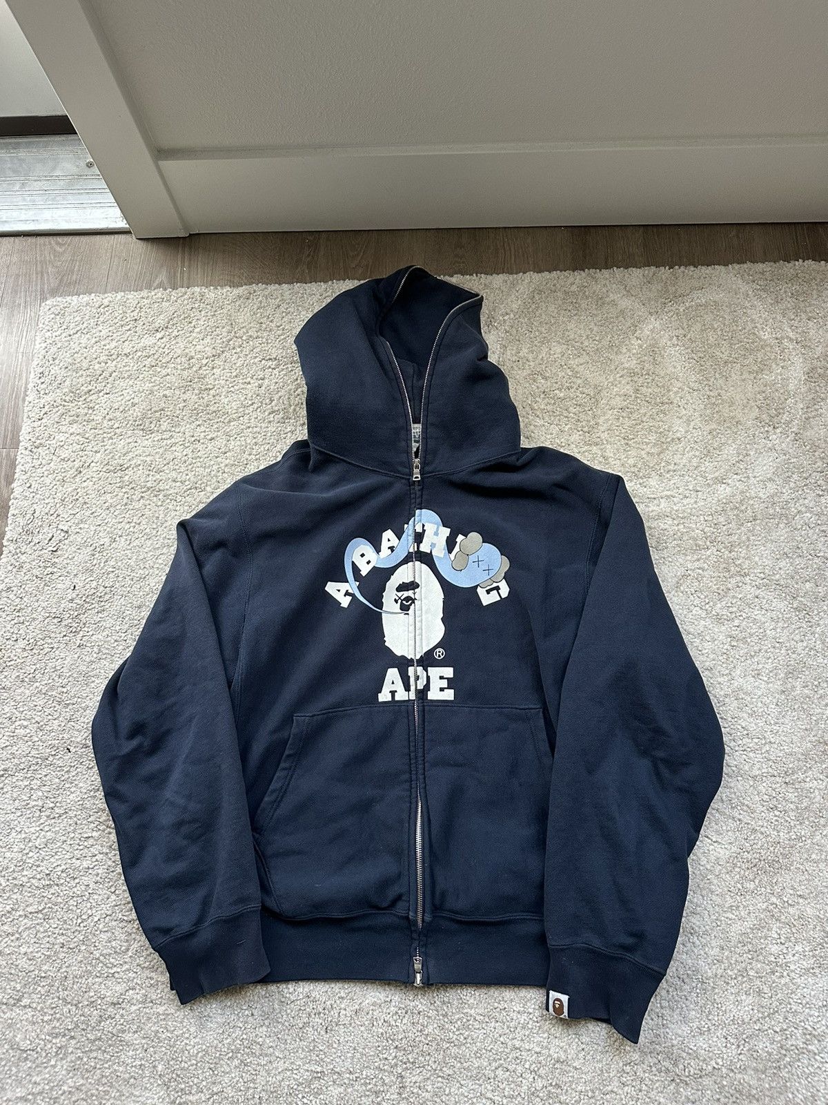 Pre-owned Bape X Kaws College Full Zip Hoodie In Navy